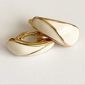 Trifari White Clip on Earrings Gold Tone Teardrop